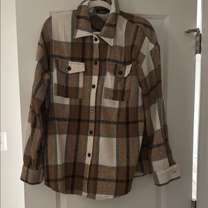 Brown and White Plaid Button-Up Shirt